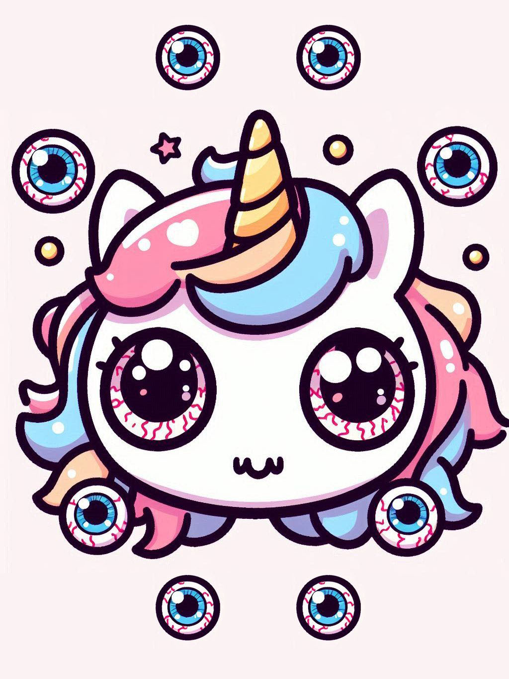 Halloween unicorn illustration ideas featuring a cartoon unicorn with pastel rainbow mane surrounded by floating eyeballs and a golden horn in a cute style.